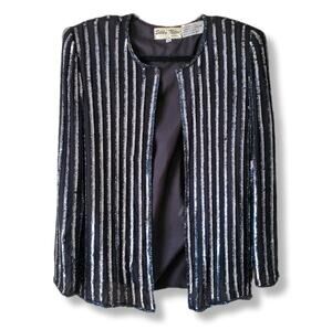 VTG 80S Black Silver Sequin Beaded Jacket Blazer MP NYE Cocktail Party Event